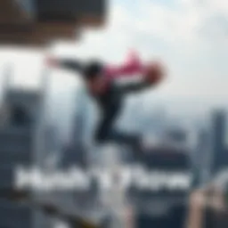 A character using Hush's Flow ability to fly over a cityscape, showcasing strategic wall-hugging techniques for long-distance flight.