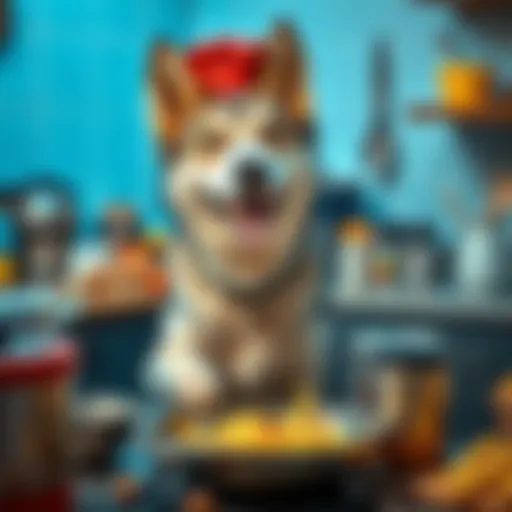 A husky dog cooking with a Stabilizer, surrounded by kitchen items, looking happy and focused