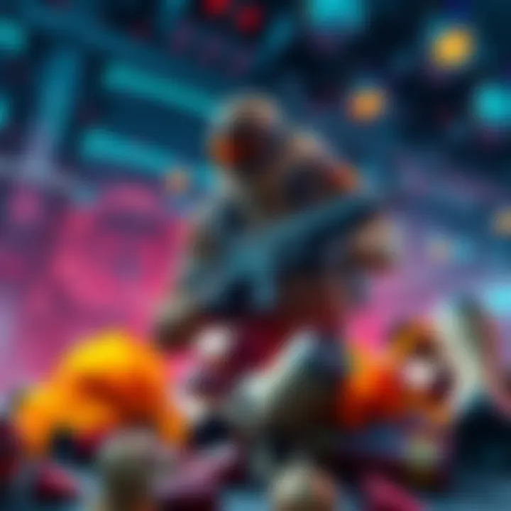 A player character in a colorful sci-fi setting, looking determined while holding a gun, surrounded by loot drops from a defeated boss, seeking help for a gear upgrade.