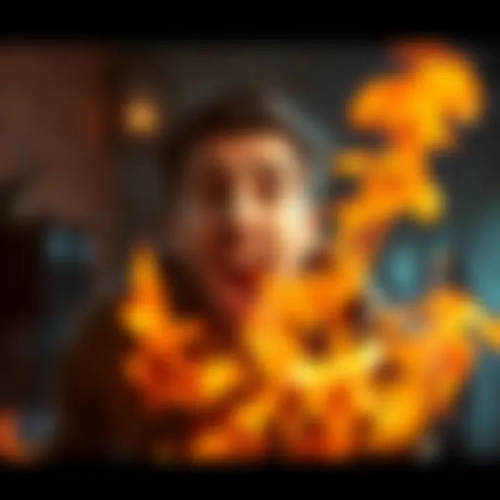 HutchMF shows a comical panic face while flames surround him during the fire challenge.