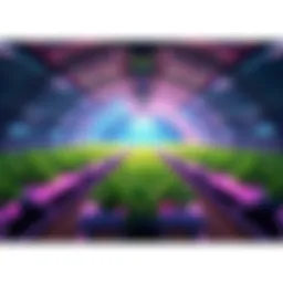 A view of the Hy-BRO-ponic Dome Complex showcasing green crops growing in a controlled environment using hydroponic technology.