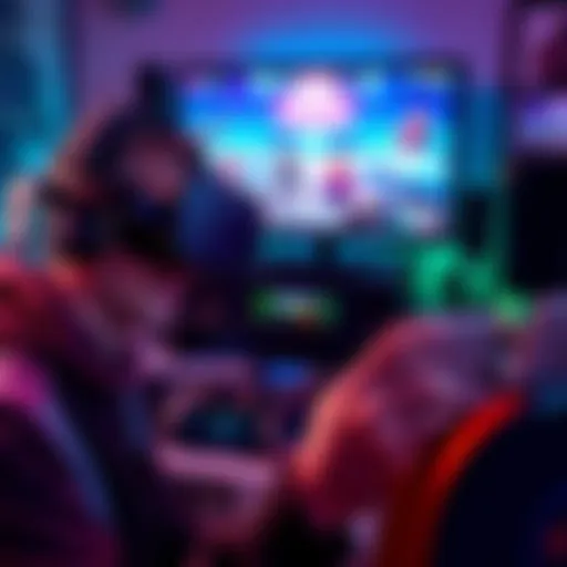 A gamer wearing a VR headset, focused on a screen displaying a hybrid VR game, surrounded by gaming equipment and controllers.