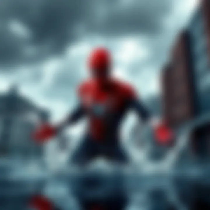 Hydro Man emerging from water, ready to confront Spider-Man in an urban setting, with dark clouds overhead creating a tense atmosphere.