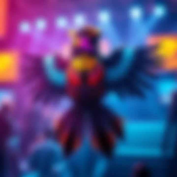 A vibrant image showing the HyperMyst sparrow skin with colorful designs and patterns, set against a dynamic background showcasing the event atmosphere.