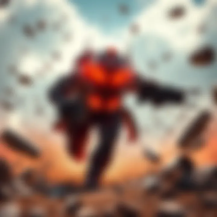 Hyperdrive Hero in Action A hyperdrive hero charging forward with high-tech gear, surrounded by debris from past challenges, showcasing their aggressive approach to tackling obstacles.