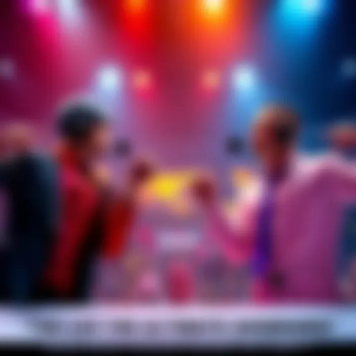 Two characters representing different teams stand face-to-face in a lively debate setting, showcasing their confident expressions and hand gestures.