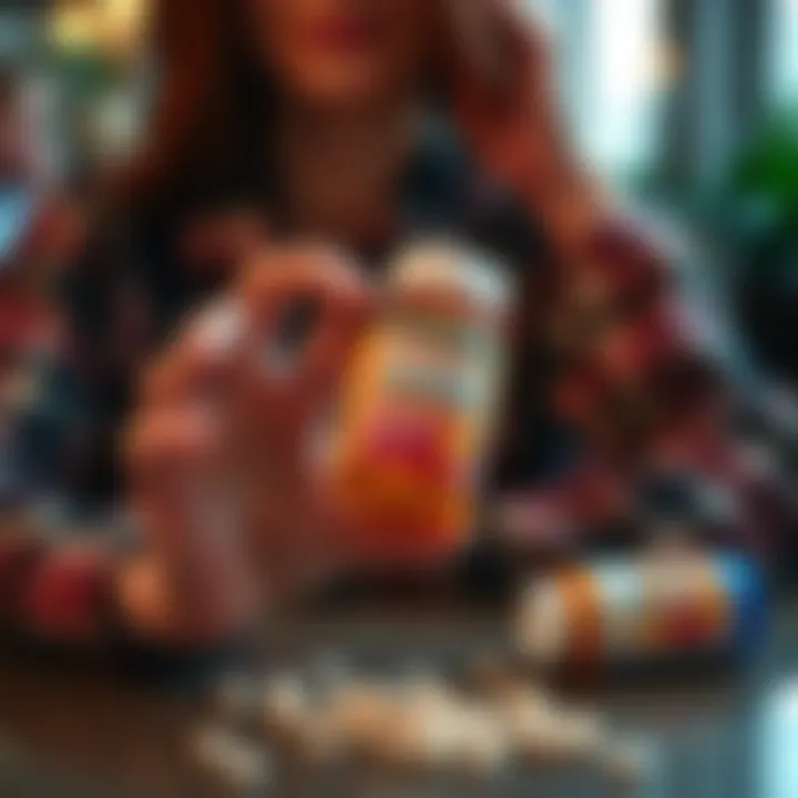 A close-up of a person holding a bottle of ibuprofen, looking relieved while sitting at a table with a headache remedy