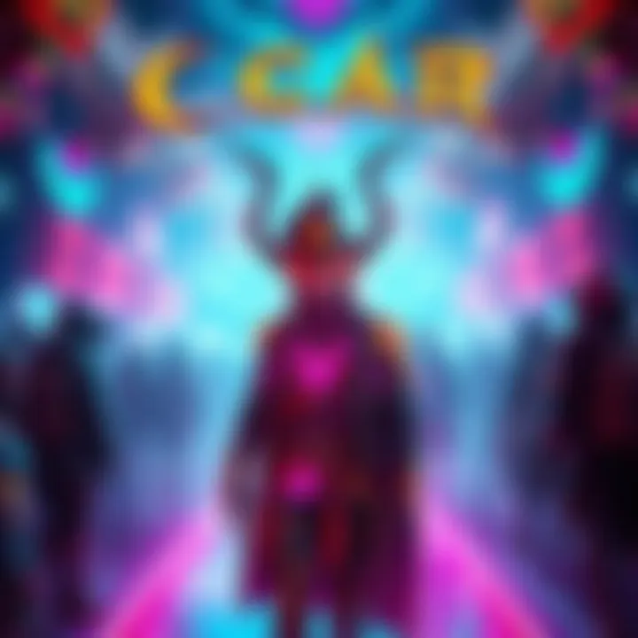 A character named Icari surrounded by players in a vibrant gaming environment during the Sanctum Showdown.