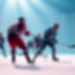 Scene of an ice hockey game showing players engaged on a lower rating map, emphasizing teamwork and strategy