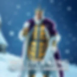 A dramatic representation of the Ice King dressed in elegant ice-themed attire, showcasing his stylish design against a snowy background, inviting people to vote for him as the style champion.