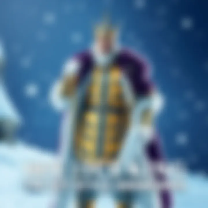 A dramatic representation of the Ice King dressed in elegant ice-themed attire, showcasing his stylish design against a snowy background, inviting people to vote for him as the style champion.