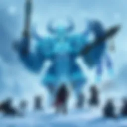 A fierce Ice Maiden boss with icy armor and a chilling aura stands ready for battle, surrounded by a snowy battlefield. Players strategize nearby, adjusting their builds for the challenge.