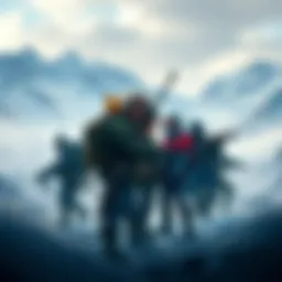 A group of experienced hunters sharing strategies with a new player in Iceborne, surrounded by snowy mountains and icy landscapes.