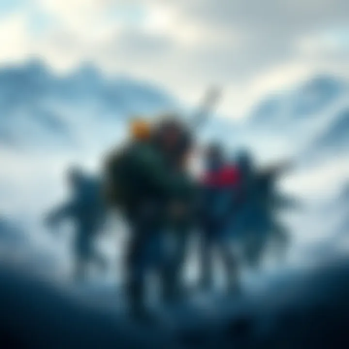 A group of experienced hunters sharing strategies with a new player in Iceborne, surrounded by snowy mountains and icy landscapes.