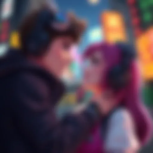 Two popular video game characters share an affectionate moment, showcasing their special bond in a vibrant gaming setting.