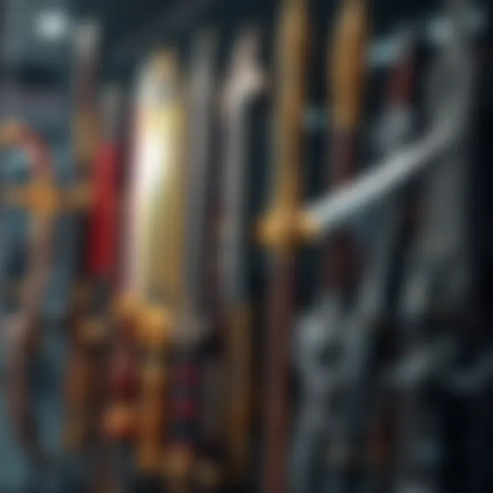 A collection of iconic gaming weapons on display, showcasing their designs and details, with a focus on their lore connections.