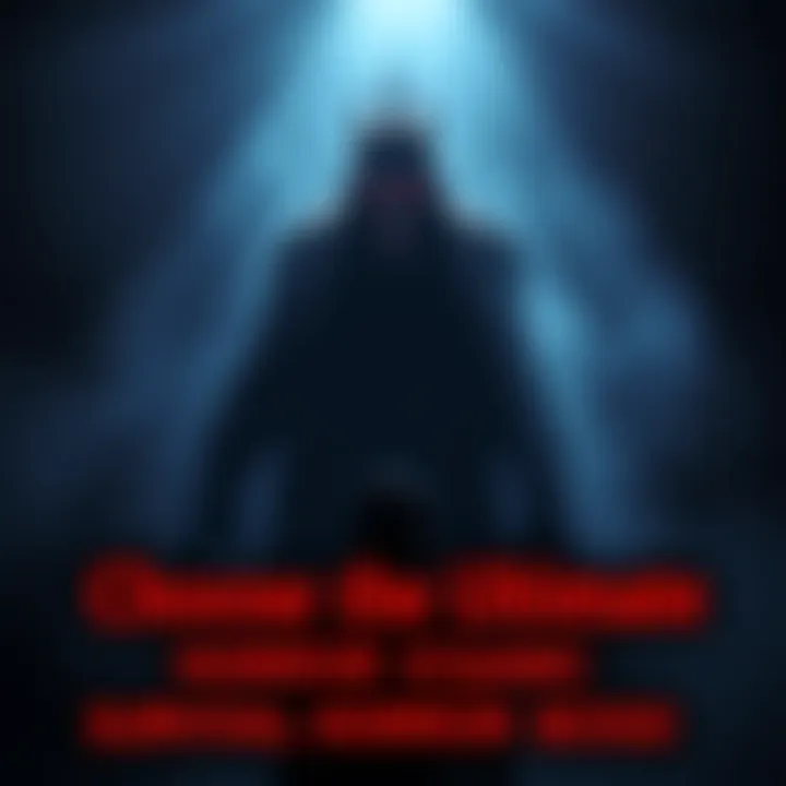 A shadowy figure of a survival horror boss looming over a frightened character in a dark, eerie setting