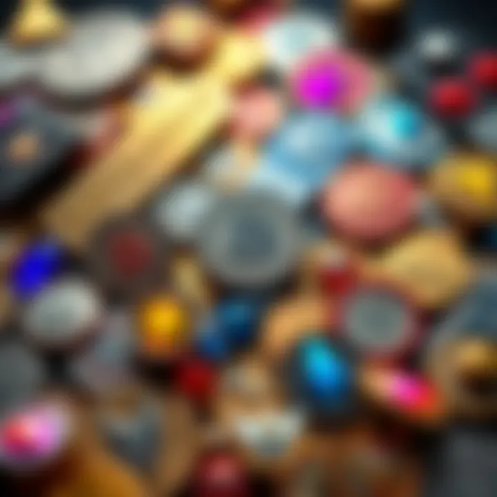 A collection of various video game currencies displayed, including coins, gems, and in-game tokens, showcasing their unique designs and colors.