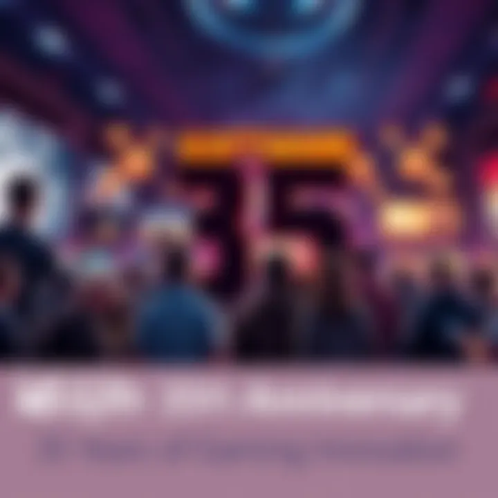 People celebrating id Software's 35 years in gaming with iconic images and game logos