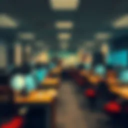 A somber office scene at id Software showing empty desks and chairs after significant layoffs, with a few remaining staff in the background looking concerned.