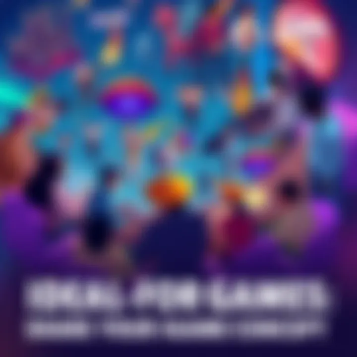 A vibrant illustration of various gaming genres, including fantasy, sci-fi, and adventure, with people sharing ideas around a table.