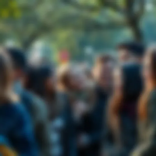 A diverse group of people smiling and engaging with each other in a park, showcasing friendly interactions and positive body language.