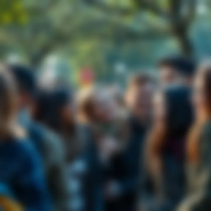 A diverse group of people smiling and engaging with each other in a park, showcasing friendly interactions and positive body language.