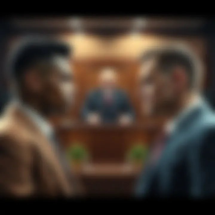Idubbbz and Ethan Klein facing off in a tense courtroom setting with a judge in the background