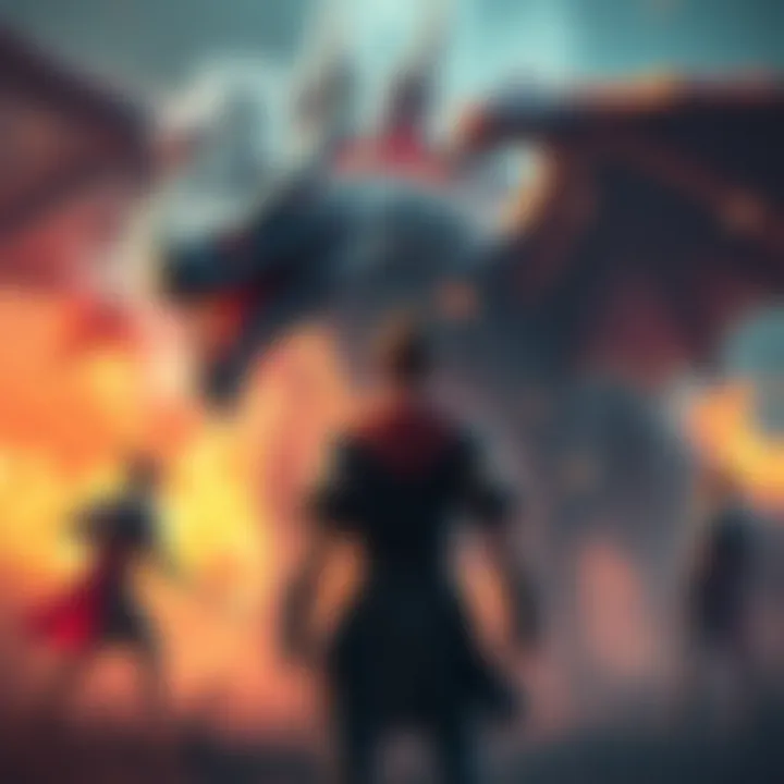 Igon stands uncertainly in front of a dragon, looking hesitant while teammates prepare for battle.