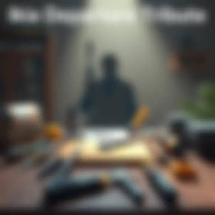 A digital artwork representing a farewell to Ikia from the buildcrafting community, featuring tools and guides scattered on a table with a shadowed figure in the background, symbolizing his exit.