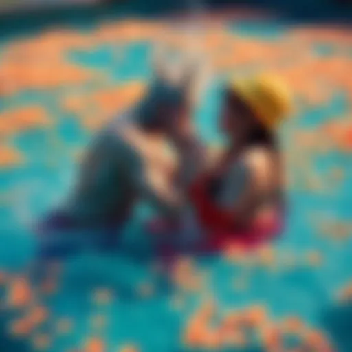 Ikora and Mara Sov playfully wrestling in a colorful pool filled with radiolaria, splashing water around them.