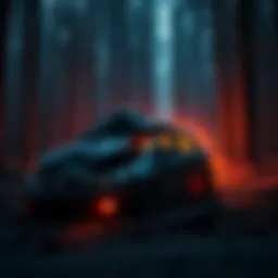 A damaged car in a dark forest, hinting at Ikora's mysterious accident and disappearance