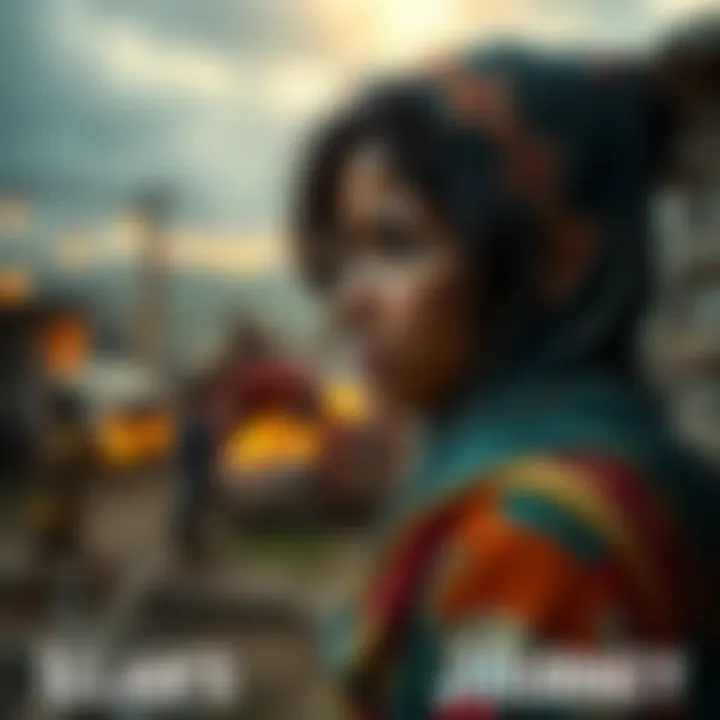 A young woman reflecting on her sacrifices and hardships, with a backdrop of her community, showcasing her struggles and determination.