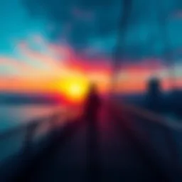 A person standing on a bridge looking at a vibrant sunset, symbolizing the blending of imagination and reality.