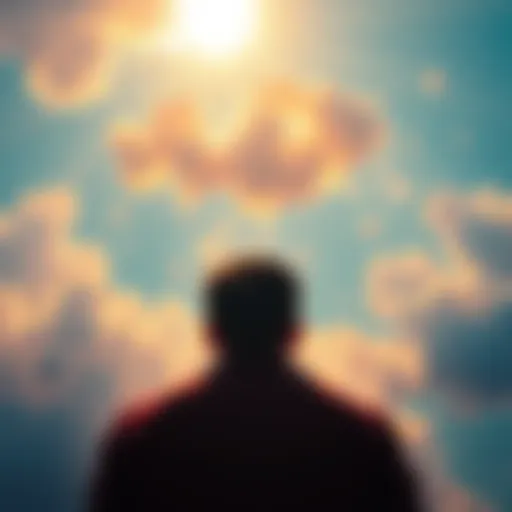 A vibrant scene showing a person looking up at a bright sky filled with colorful clouds and floating dream-like objects, symbolizing limitless possibilities.