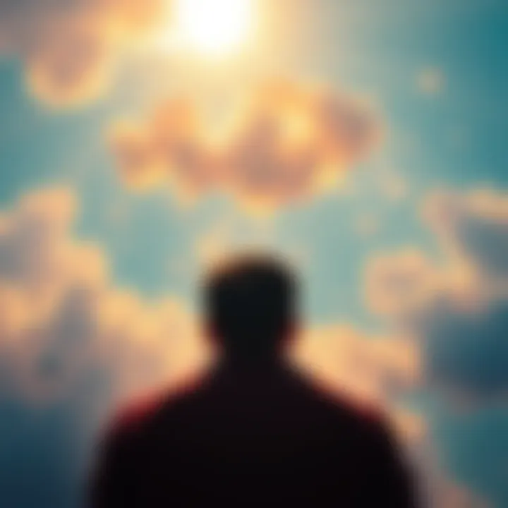 A vibrant scene showing a person looking up at a bright sky filled with colorful clouds and floating dream-like objects, symbolizing limitless possibilities.