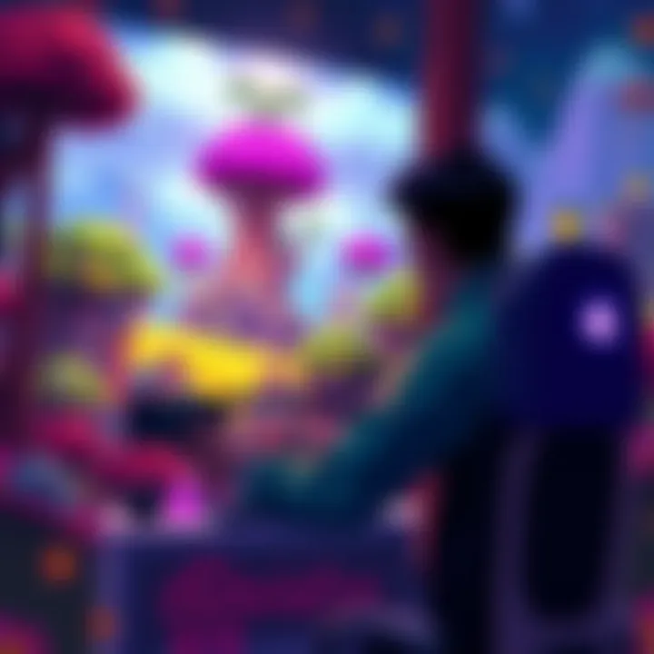 Imaginative Gaming A colorful scene showing a person playing a video game with vibrant landscapes and characters from Outer Wilds and Tunic around them.