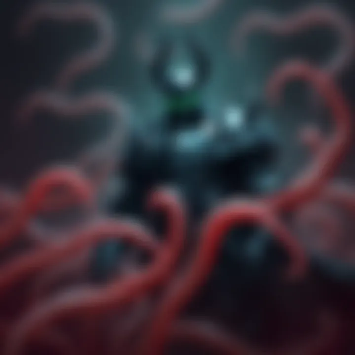 A dark, armored figure representing the Imbue Death Knight surrounded by swirling, ghostly leeches