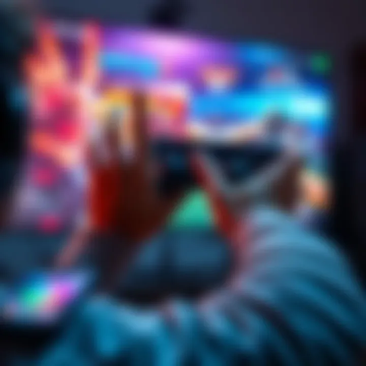 A gamer uses hand tracking technology while playing a game on a screen with a 120Hz refresh rate, showcasing adaptive triggers on a controller.