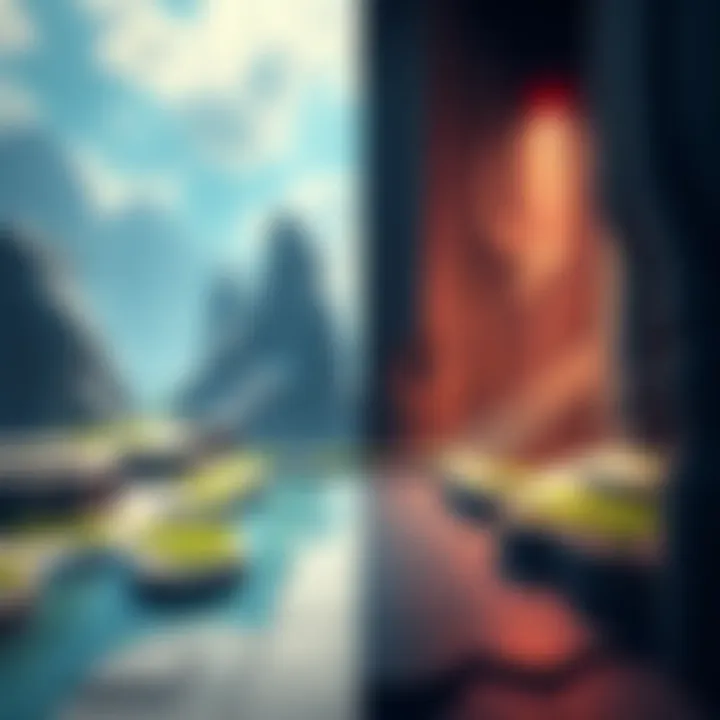 Level Styles in Immersive Sims A split view showing a seamless gaming environment on one side and a segmented level layout on the other, illustrating different level styles in immersive simulation games.