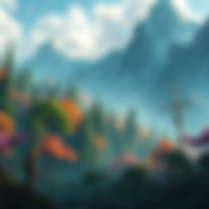 Immersive Game Worlds A vibrant fantasy game world featuring lush forests and towering mountains with a character exploring the environment.