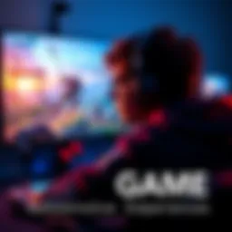 A player focused on a gaming console, surrounded by a captivating game world on screen, showcasing a vibrant landscape and action scenes.