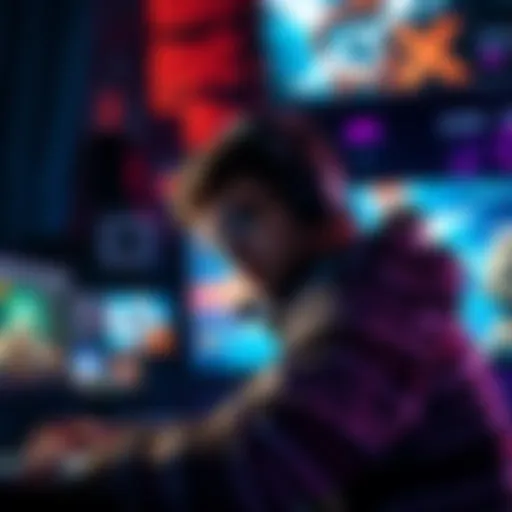 A gamer focused on a large screen, surrounded by gaming gear, showcasing popular RPG and survival games