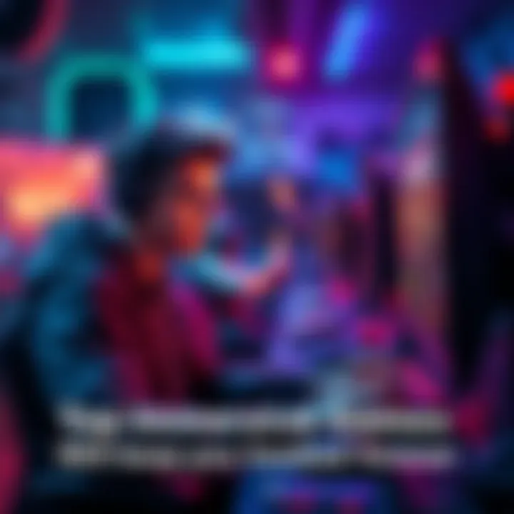 Immersive Gaming Experience A gamer is deeply focused on playing an immersive video game, surrounded by a vibrant gaming setup with glowing lights and a large screen displaying game scenes.