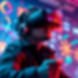 A player wearing a VR headset, surrounded by colorful graphics and interactive elements, fully engaged in a virtual game environment.