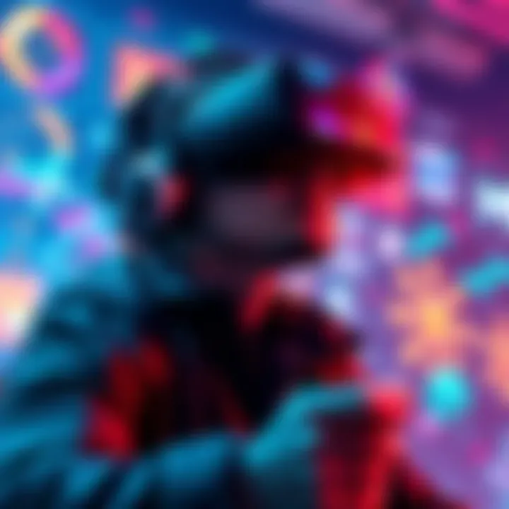 A player wearing a VR headset, surrounded by colorful graphics and interactive elements, fully engaged in a virtual game environment.