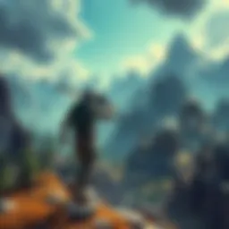 A player exploring a vast fantasy landscape filled with mountains, forests, and ancient ruins, reminiscent of epic adventures in gaming.