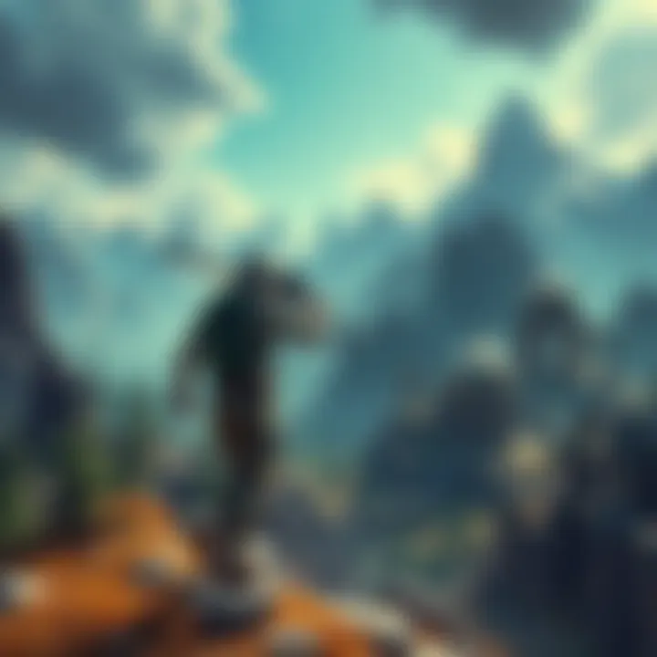 A player exploring a vast fantasy landscape filled with mountains, forests, and ancient ruins, reminiscent of epic adventures in gaming.