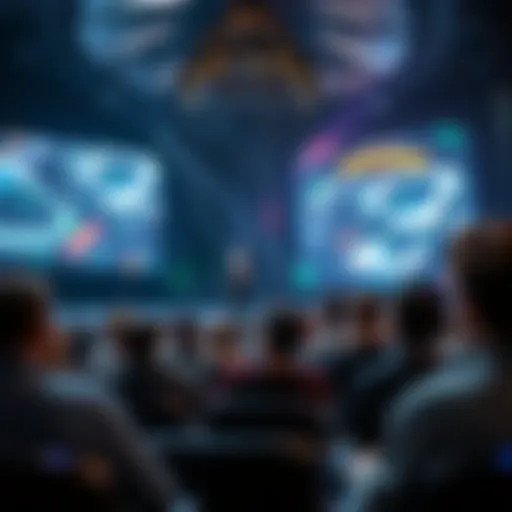 A game designer speaks about the challenges of immersive simulation games in front of a small audience at a conference.