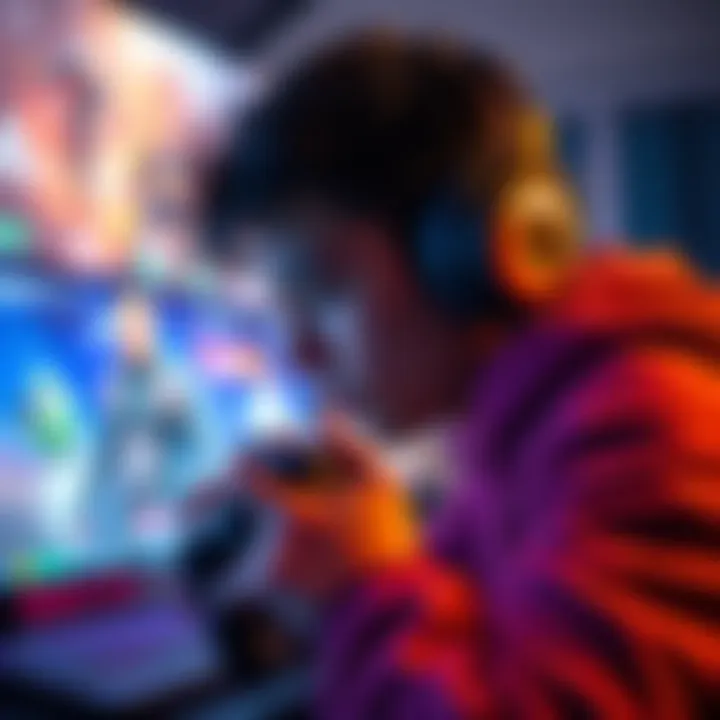 A gamer focused on the screen, surrounded by colorful game visuals, showcasing immersive storytelling.